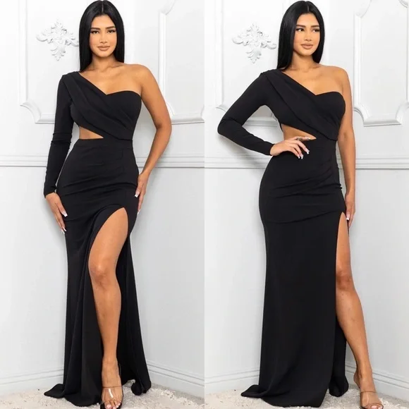 black goddess prom dresses Gorgeous Black Prom Dress Off-the-Shoulder Holiday Dress Lace With Slit
